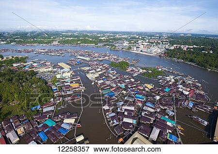 Stock Photo - Aerial view of Darussalam's floating village; Bandar Seri Begawan, Brunei. Fotosearch