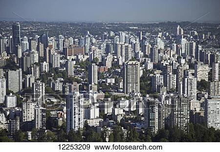Stock Photo - Aerial view of downtown buildings; Vancouver, British Columbia, Canada. Fotosearch