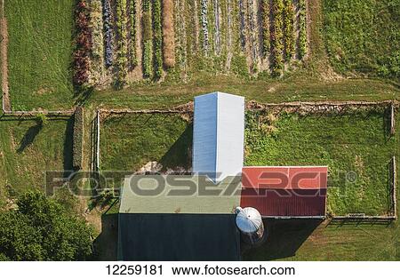 Stock Image - Aerial view of farm buildings, Harford County; Fallston, Maryland, United States of America. Fotosearch