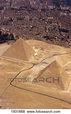 Stock Photo - Aerial View Of Great Cheops & Chaphren Pyramids, Giza, Egypt; Giza, Egypt. Fotosearch