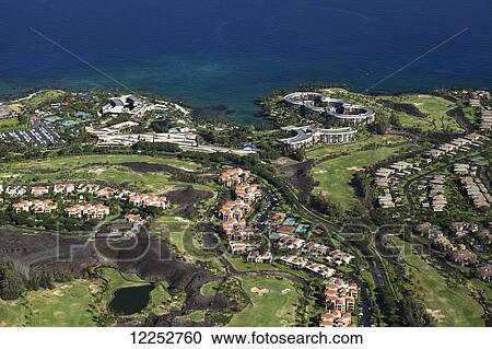 Stock Image - Aerial view of Hilton Waikoloa Village, Kingsland, Kings golf course; Waikoloa, Island of Hawaii, Hawaii, United States of America. Fotosearch