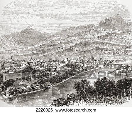 Stock Photograph - Aerial View Of Innsbruck, Tyrol, Austria In The 19Th Century. From Pictures From The German Fatherland Published C. 1880.. Fotosearch