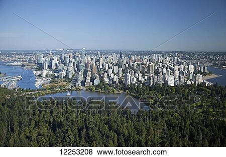 Aerial view of Lost Lagoon, Stanley Park and downtown; Vancouver, British Columbia, Canada View Large Photo Image Stock Photo - Aerial view of Lost Lagoon, Stanley Park and downtown; Vancouver, British Columbia, Canada. Fotosearch