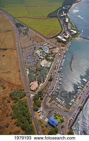 Stock Image - Aerial view of Maalaea condos, harbor, shops and Maui Ocean Center; Maui, Hawaii, United States of America. Fotosearch
