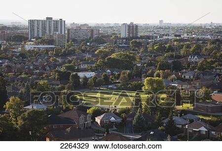 Stock Photo - Aerial view of soccer field behind a school; toronto ontario canada. Fotosearch