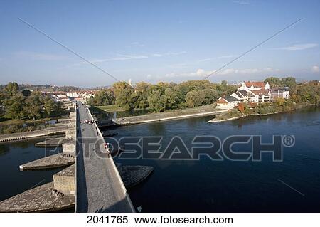 Aerial View Of Stone Bridgeover The Danube River From The Bridge Tower, Regensburg, Bavaria, Germany View Large Photo Image Stock Photography - Aerial View Of Stone Bridgeover The Danube River From The Bridge Tower, Regensburg, Bavaria, Germany. Fotosearch