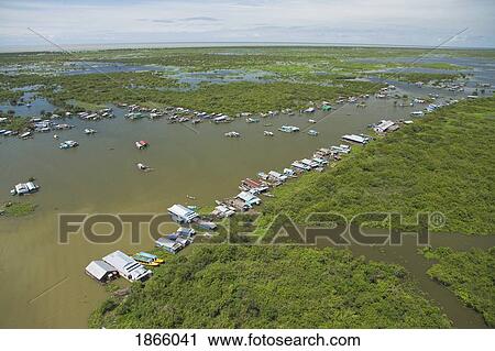 Aerial View Of The Floating Village Of Chong Kneas Bordering The Tonle Sap Lake In Cambodia View Large Photo Image Stock Image - Aerial View Of The Floating Village Of Chong Kneas Bordering The Tonle Sap Lake In Cambodia. Fotosearch
