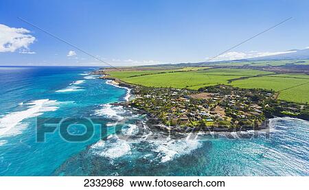 Aerial view of the North shore coastline, Paia and Kuau towns; Maui, Hawaii, United States of America View Large Photo Image Stock Photo - Aerial view of the North shore coastline, Paia and Kuau towns; Maui, Hawaii, United States of America. Fotosearch