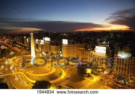 Picture - Aerial view of the Obelisk on Avenida 9 de Julio at night, Buenos Aires, Capital Federal, Argentina. Fotosearch