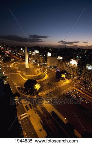 Stock Photography - Aerial view of the Obelisk on Avenida 9 de Julio at night, Buenos Aires, Capital Federal, Argentina. Fotosearch