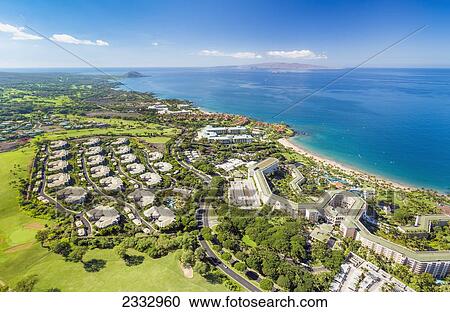 Stock Image - Aerial view of the Southern coast over Wailea; Maui, Hawaii, United States of America. Fotosearch