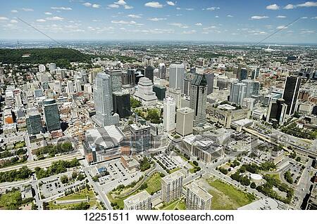 Stock Image - Aerial view of urban skyline; Montreal, Quebec, Canada. Fotosearch