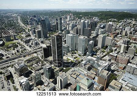 Stock Image - Aerial view of urban skyline; Montreal, Quebec, Canada. Fotosearch