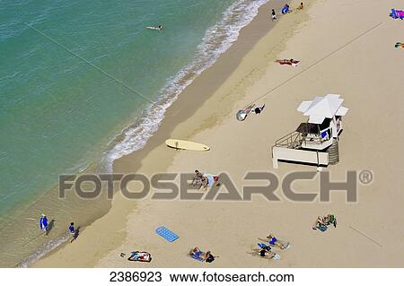 Stock Image - Aerial view of Waikiki Beach; Honolulu, Oahu, Hawaii, United States of America. Fotosearch