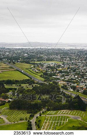Stock Image - Aerial Views From A Commercial Plane Overlooking Central Auckland; Auckland, New Zealand. Fotosearch