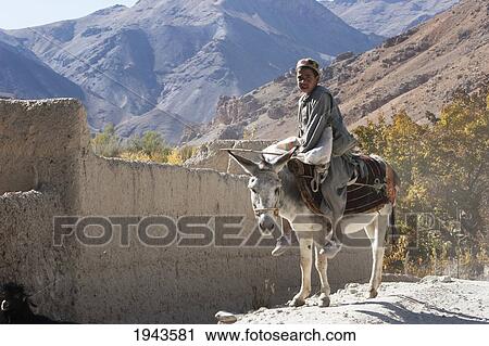 Stock Image - Afghan Boy On A Donkey Near Shekh Ali, Parwan Province, Afghanistan. Fotosearch