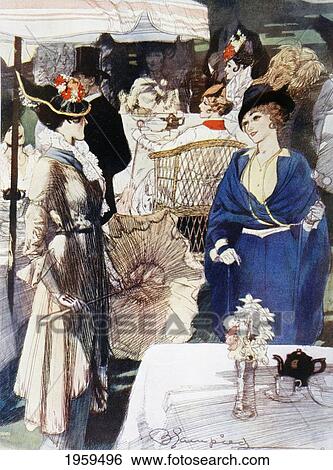 Stock Photograph - Afternoon Tea In Kensington Gardens, London, England, In The Early Years Of The 20Th Century. After A Drawing By Blampied. From La Esfera, 1914.. Fotosearch