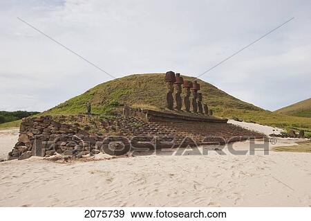 Stock Photo - Ahu Nau Nau Moais Restored By The Archaeologist Sergio Rapu At Anakena Beach, Rapa Nui (Easter Island), Chile. Fotosearch