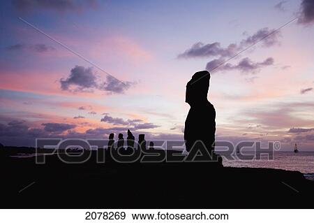 Stock Photo - Ahu Tahai & Ahu Ko Te Riku At The Tahai Ceremonial Complex At Sunset, Rapa Nui (Easter Island), Chile. Fotosearch