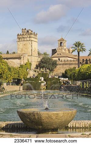 Stock Image - Alcazar De Los Reyes Cristianos, Palace-Fortress Of The Christian Kings, Seen From Gardens; Cordoba, Cordoba Province, Andalusia, Spain. Fotosearch