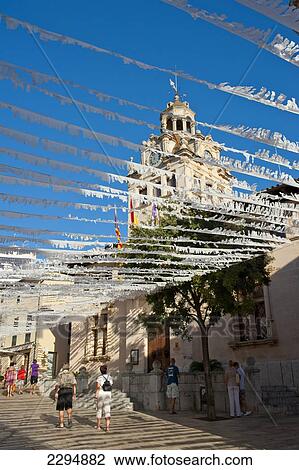 Stock Image - Alcudia's Town Hall And Street Decoration, Mallorca, Balearic Islands, Spain. Fotosearch