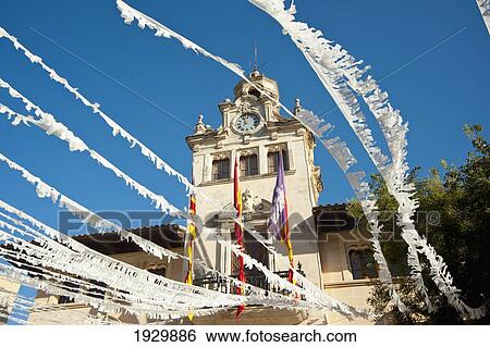 Stock Photograph - Alcudia's Town Hall And Street Decoration, Mallorca, Balearic Islands, Spain. Fotosearch