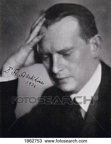 Stock Image - Alexander Alexandrovich Alekhine Also Aljechin Or Alechin 1892 - 1946 Russian Born Naturalized French Chess Grandmaster Fourth World Chess Champion Illustration From Chess Pie No3 The Official Souvenir International Tournament Published 1936. Fotosearch