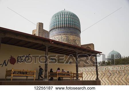 Stock Photo - Alfresco dining in local restaurant beside Bibi Khanum mosque; Samarkand, Uzbekistan. Fotosearch