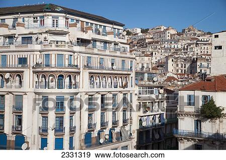 Stock Photo - Algeria, Algiers; Algiers, seen from Hotel Safir, with Casbah behind, View of city downtown. Fotosearch