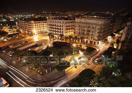 Algeria, Night view of city and port from Place de la Grande Poste (with Martyr's Monument on skyline); Algiers View Large Photo Image Picture - Algeria, Night view of city and port from Place de la Grande Poste (with Martyr's Monument on skyline); Algiers. Fotosearch