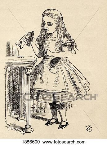 Stock Image - Alice Peering At The Drink Me Bottle Illustration By John Tenniel From The Book Alices's Adventures In Wonderland By Lewis Carroll Published 1891. Fotosearch