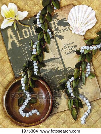 Picture - Aloha Oe, Still Life Of Koa Bowl And Sheet Music On Lauhala Mat (Acrylic Painting).. Fotosearch