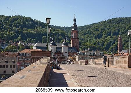 Stock Photo - Alte Bruecke Bridge Showing Brueckentor Gate And Two Baroque Towers; Heidelberg Baden-Wurttemberg Germany. Fotosearch