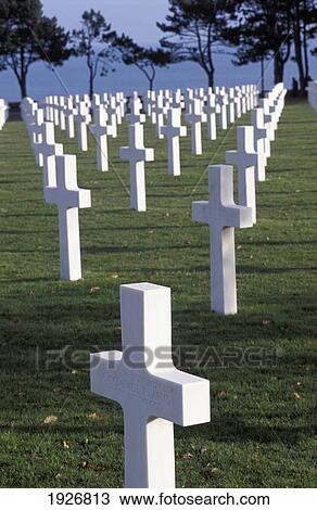 Stock Image - American Cemetery, Memorial, Graveyard, At Omaha Beach, Colleville - Sur - Mer, 9387 Crosses. Fotosearch