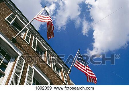 American Flags Hanging On Building View Large Photo Image Stock Photo - American Flags Hanging On Building. Fotosearch
