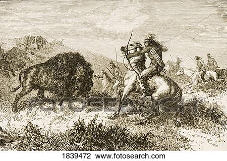Stock Image - American Indians Buffalo Hunting. From American Pictures Drawn With Pen And Pencil By Rev Samuel Manning Circa 1880. Fotosearch