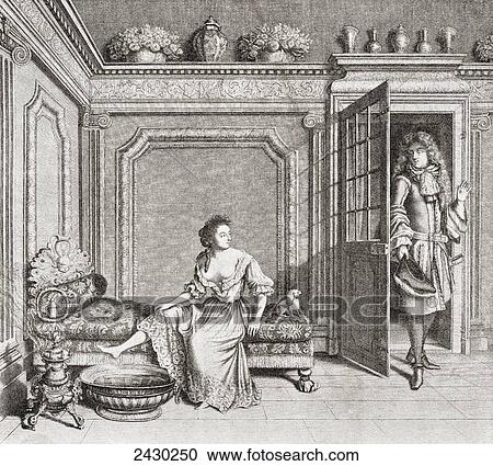 Stock Image - An 18th century lady taking a footbath is interrupted by a suitor. From Illustrierte Sittengeschichte vom Mittelalter bis zur Gegenwart by Eduard Fuchs, published 1909.. Fotosearch