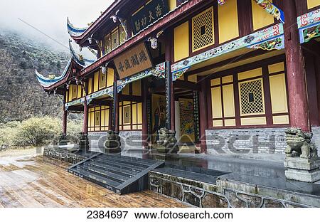 Stock Photo - An ancient Tibetan Buddhist temple at the top of the Huanglong valley; Huanglong, Tibet, China. Fotosearch