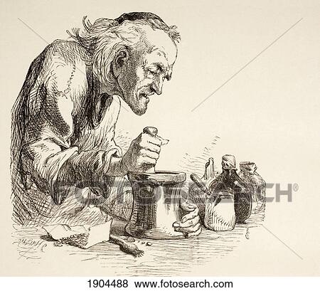Stock Photo - An Apothecary Grinding Herbs. From The Illustrated Library Shakspeare, Published London 1890.. Fotosearch