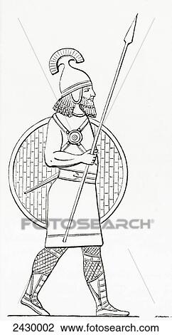 Stock Image - An Assyrian spearman. From The Imperial Bible Dictionary, published 1889.. Fotosearch