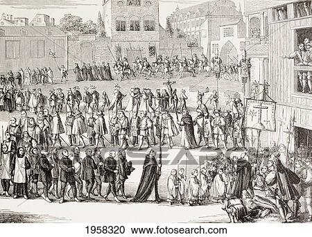 Stock Image - An Auto-Da-Fe, Or Act Of Faith, Procession In Spain. After A 15Th Century Engraving. From Military And Religious Life In The Middle Ages By Paul Lacroix Published London Circa 1880.. Fotosearch