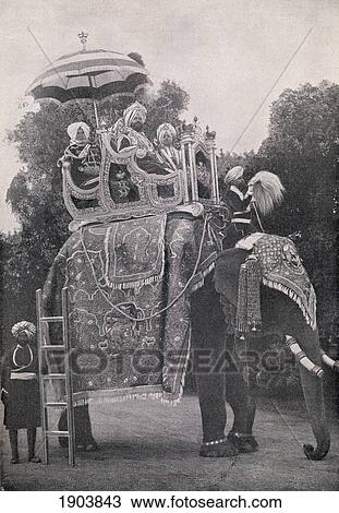 Stock Image - An Elephant Carrying East Indian Maharajas In The 19Th Century. From Die Gartenlaube, Published 1905.. Fotosearch