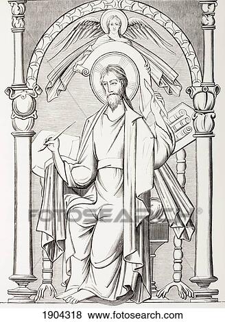 Stock Photo - An Evangelist Writes A Sacred Text And Receives A Revelation. After A 9Th Century Miniature. From Les Artes Au Moyen Age, Published Paris 1873.. Fotosearch