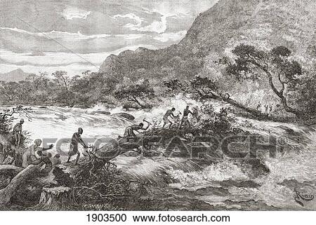 Stock Image - An Improvised Bridge In Central Africa In The 19Th Century. From The Book Africa Pintoresca Published 1888.. Fotosearch