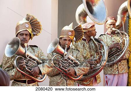 Stock Image - An Indian Brass Band At A Wedding; Ludhiana, Punjab, India. Fotosearch
