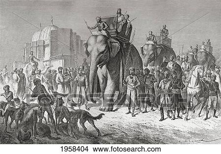 Picture - An Indian Hunting Party Riding Elephants, Prepares To Set Out On A Tiger Hunt In The 19Th Century. From El Mundo En La Mano, Published 1878.. Fotosearch