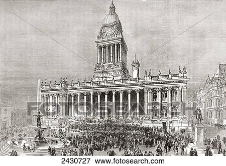 Stock Photo - An open air band performance in front of Leeds Town Hall, Yorkshire, England in the 19th century. From Cities of the World, published c. 1893.. Fotosearch