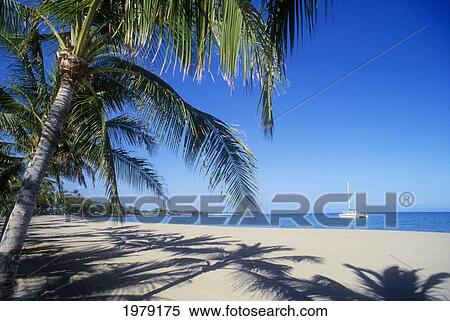 Stock Photography - Anaehoomalu Bay and beach with sailing catamaran, Waikoloa Beach Resort; Kohala Coast, Island of Hawaii, Hawaii, United States of America. Fotosearch
