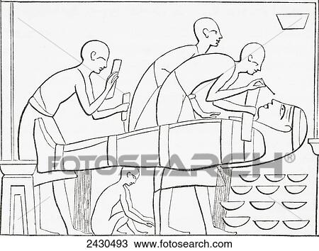 Stock Image - Ancient Egyptians painting the Cartonage or outer case of a mummy. From The Imperial Bible Dictionary, published 1889.. Fotosearch