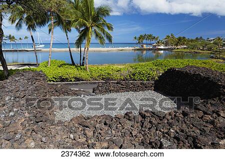 Stock Image - Ancient house site and fish pond; Big Island, Hawaii, United States of America. Fotosearch